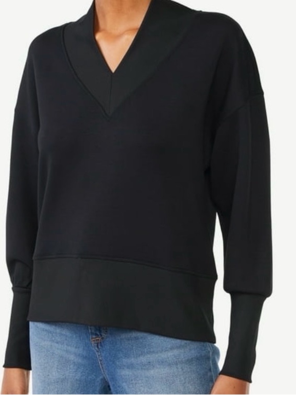 Women's Black V-Neck Pullover Sweateshirt scuba knit